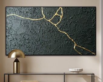 Japan wall art, Black wall art, Black and gold painting, Plaster wall art, Kintsugi, Japanese artwork, Asian furniture, Minimalist wall art