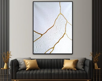 Minimal artwork, white plaster wall art,minimalist wall decor, Neutral wall art, White wall art, Gold and white painting, Gold wall art
