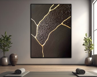 Peinture 3d, Tableau noir, Wabisabi, Kintsugi, Kintsukuroi, Grand tableau, Peinture japonaise