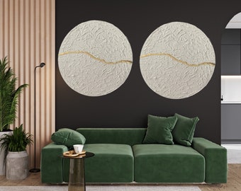 Art mural en deux pièces, ensemble d'art mural, assiette Kintsugi, art mural Japandi, art mural Kintsugi, peinture cercle, cercle Enso, peinture ronde, blanc