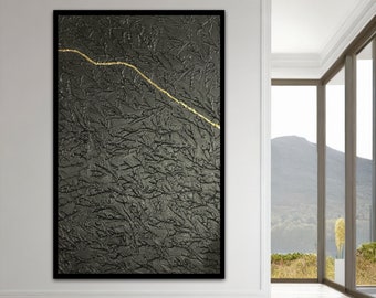 Art mural en métal doré, peinture Kintsugi, relief 3D, poterie Kintsugi, Kintsugi, grand art mural 3D, décor Wabi sabi, art sculptural, art noir