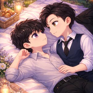 以下が含まれることがあります： ピクニックブランケットにいる2人のアニメスタイルのイラスト。一人は白いシャツを着て、もう一人はベストとネクタイを着ています。パンのバスケット、花、ろうそくが近くにあります。シーンは、ストリングライトのある夕暮れ時の屋外に設定されています。