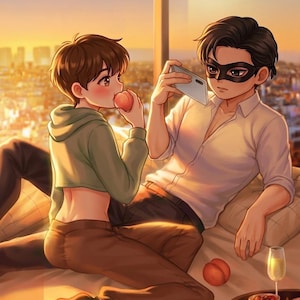 Puede incluir: Ilustración de estilo anime que representa a dos figuras en un dormitorio. Una figura, con una máscara, sostiene un teléfono. La otra, con una sudadera con capucha verde, come un melocotón. Una bandeja con comida y una copa de champán está en la cama. El fondo muestra un paisaje urbano.