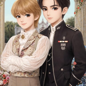 Puede incluir: Ilustración de dos personas con vestimenta formal. Una lleva un chaleco floral sobre una camisa blanca y pantalones color beige. La otra lleva una chaqueta negra con ribetes plateados y decoraciones de estilo militar. El fondo presenta un edificio y flores.