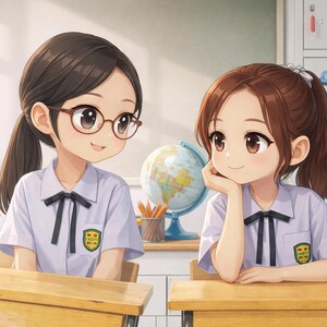 May include: An anime-style illustration of two young students in a classroom setting. They are wearing white shirts with black ties and school emblems. A globe and pencils sit on a desk between them. One student wears glasses.