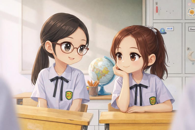 May include: An anime-style illustration of two young students in a classroom setting. They are wearing white shirts with black ties and school emblems. A globe and pencils sit on a desk between them. One student wears glasses.