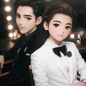 May include: Two cartoon figures, one in a black suit and the other in a white suit with a black bow tie, are seated in wooden chairs. The background includes a vanity with lights and bottles. The image has a soft, artistic style.