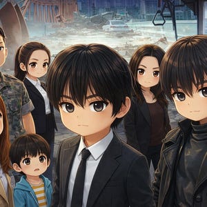 Puede incluir: Ilustración de estilo anime que representa a un grupo de personas, probablemente una familia o un equipo, de pie juntos. Los personajes tienen ojos grandes y rasgos estilizados. El fondo sugiere un entorno postapocalíptico o de desastre.