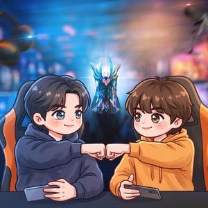 Puede incluir: Ilustración de dos personajes de dibujos animados con sudaderas con capucha, chocando los puños sobre una mesa. Cada personaje sostiene un smartphone. Un trofeo brillante y ornamentado está en el fondo, sugiriendo un tema de juego.