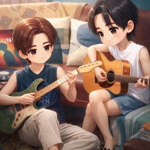 May include: An illustration of two young people playing guitars. One holds a green electric guitar, the other an acoustic. They are seated on a couch, with a city skyline visible in the background. The image has a cartoon style.
