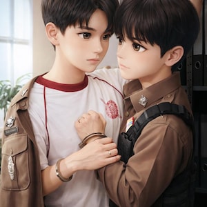 Puede incluir: Ilustración artística de dos figuras en un abrazo cercano. Uno viste una camisa blanca con ribete rojo y una chaqueta marrón, el otro un uniforme marrón con un chaleco táctico. Estilo suave, inspirado en el anime.