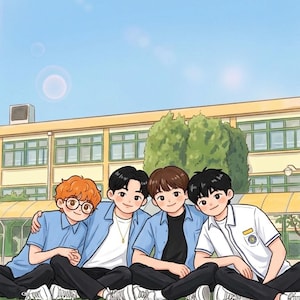 May include: Illustration of four young men sitting on grass in front of a school building. They are wearing blue shirts, black pants, and white sneakers. One has orange hair and glasses. The sky is blue.