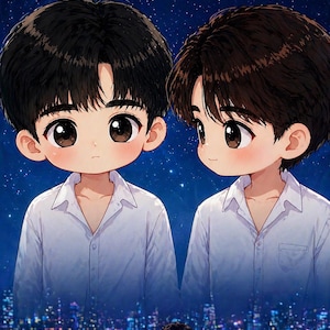 Pode incluir: Ilustração digital de dois meninos com olhos grandes e cabelo escuro, vestindo camisas brancas abotoadas. Eles estão em um cenário de céu estrelado e horizonte da cidade. Um terceiro par de meninos é visto em primeiro plano.