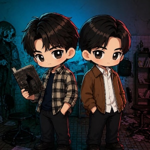 May include: Two chibi-style characters with dark hair standing side-by-side. The character on the left wears a plaid button-down shirt over a dark t-shirt and holds an open book. The character on the right wears a brown jacket over a white shirt.