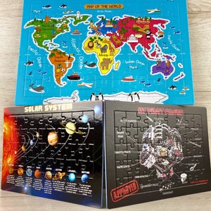 Ensemble de 3 puzzles encadrés pour cadeau de Noël pour enfants. Grande carte du monde, systèmes de moteurs de voiture, système solaire. Cadeau éducatif pour les enfants