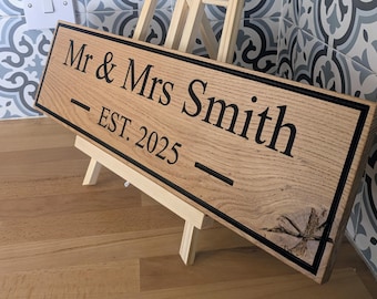 Personalised CNC Carved Scottish Oak Wedding Sign, Custom Engraved UK Handmade Family Name Plaque