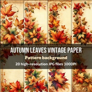 May include: A collection of vintage paper backgrounds featuring colorful autumn leaves in shades of red, orange, and yellow. The text reads "Autumn Leaves Vintage Paper" and "Pattern background". Includes 20 high-resolution JPG files.