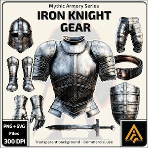 Set di armature da cavaliere di ferro, set di armature complete in formato SVG PNG, set di clipart di equipaggiamenti fantasy da battaglia epica per progetti fai da te, regalo perfetto per gli amanti del Medioevo