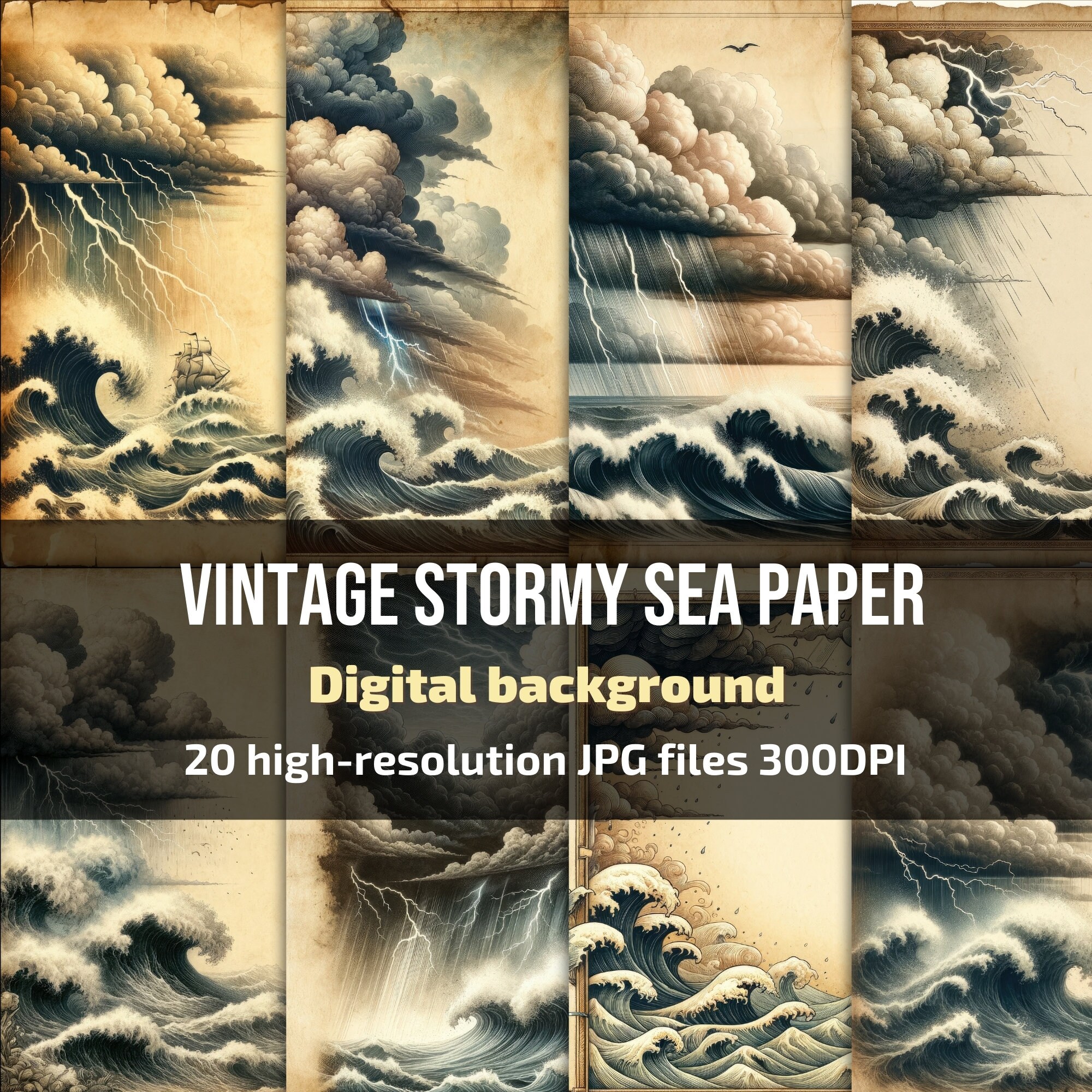 Kit de papier de scrapbooking aquarelle mer orageuse, kit de pages de journal d'art vintage nuage orageux et océan orageux, scrapbooking créatif, usage commercial