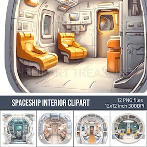 Sci-fi Clipart Space 01, Watercolor Spaceship Interior Clipart, Printable Paper Craft, Spaceship Junk Journal Page
