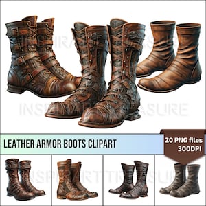 Op de afbeelding: Set van 20 digitale clipart-afbeeldingen van bruine leren laarzen met harnas. De laarzen hebben gespen, banden en metalen accenten. De laarzen zijn geïsoleerd op een witte achtergrond.
