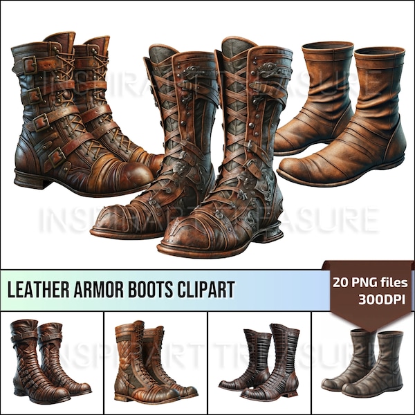 Digital Leather Armor Boots Men Combat Boots Clipart Fantasy Medieval Archery Equipment for DIY Projects Perfect Gift for Medieval Lovers