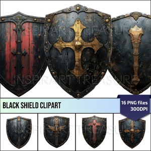 Black Shield Clipart, Medieval Knight Shield PNG para proyectos de bricolaje, Escudo listo para la batalla, regalos de mazmorras y dragones, uso comercial