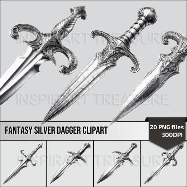 Fantasy Silver Dagger Clipart Bundle, Medieval Dagger Designs for DIY Projects, Ideal Gift for Fantasy Art Enthusiasts, Commercial use