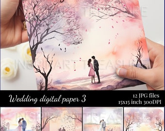 Art romantique de mariage à l&#39;aquarelle, couple d&#39;amoureux, page de carnet d&#39;art en papier, kit de papier amour, album numérique à imprimer