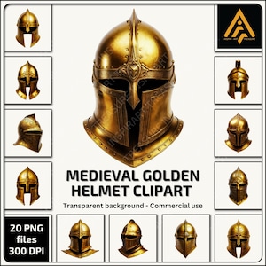 ファンタジー中世ヘルメットクリップアート 黄金の戦士ヘルメット PNG 印刷可能な騎士ヘルメット DIY プロジェクト用 中世の鎧アート愛好家への完璧な贈り物