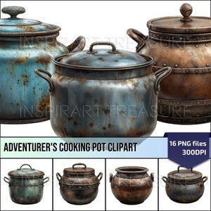 Clipart de panela de cozinha vintage, kit de aventureiro de acessórios DnD, perfeito para arte culinária DnD, presente exclusivo para fãs de jogos de fantasia, uso comercial