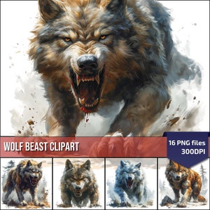 Fantastic Beast aquarel clipart, boze wolf artwork, commercieel gebruik digitale beelden, scrapbooking, commercieel gebruik