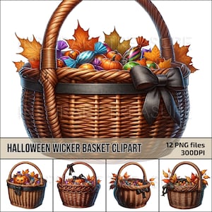 Cesta de mimbre de Halloween Clipart PNG kit Cesta con calabazas Arte digital Imprimible Scrapbooking Junk Journal papel artesanía Otoño decoración de otoño