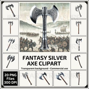 Hacha de batalla de plata de fantasía Clipart Diseño de hacha medieval vikinga celta para proyectos de bricolaje Artículo de fantasía Regalo ideal para entusiastas del arte de fantasía