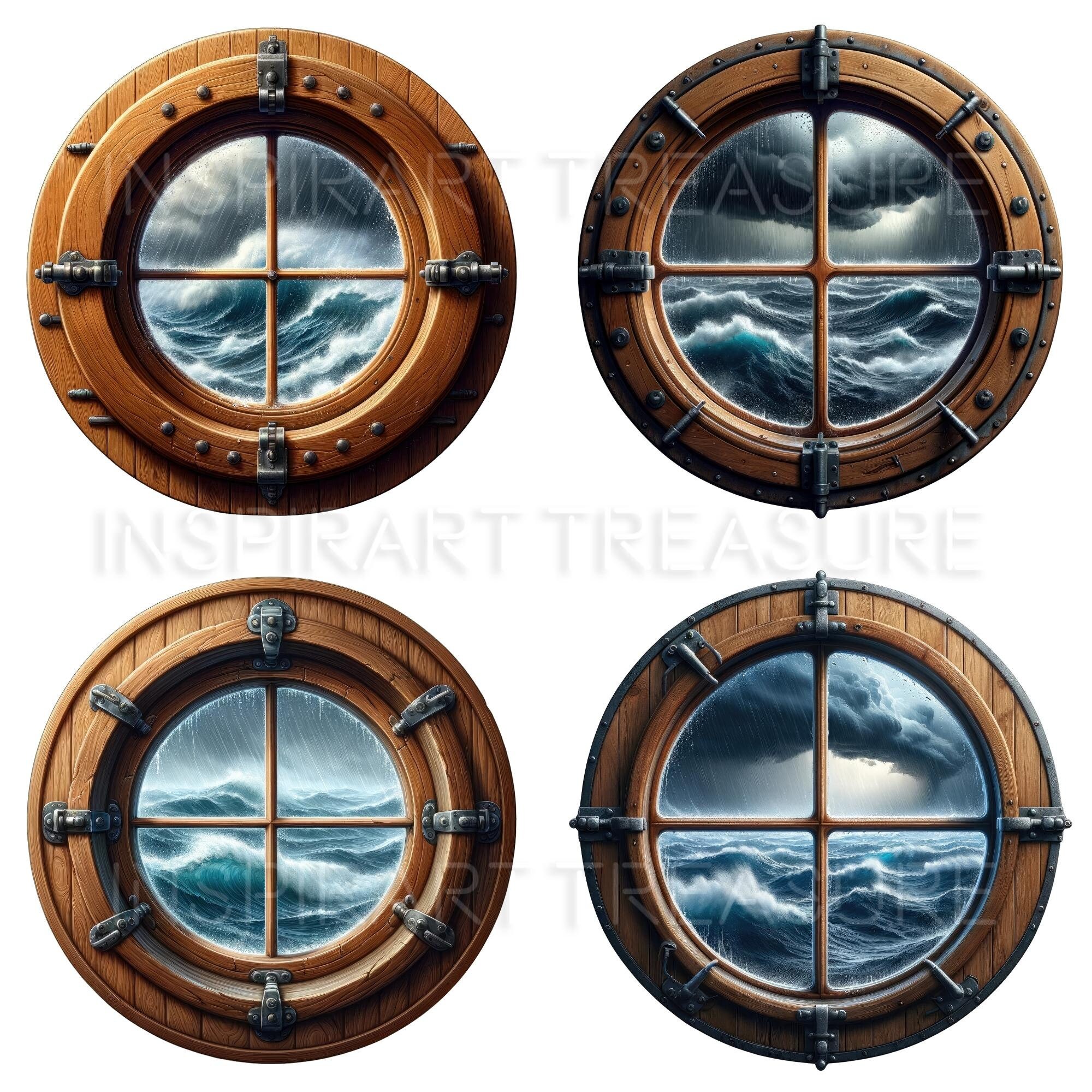 Nautical Watercolor Ship Window Clipart, Stormy Sea View Art, Round ...