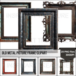 Oude metalen frame clipart, PNG vintage fotolijstset, afdrukbare rustieke sierlijke lijst digitale download, antieke lijstkunst voor doe-het-zelfprojecten