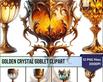Golden Crystal Fantasy Goblet Clipart, Medieval Wine Glass Design, Wine Glass Clipart, Unique Gift for Fantasy Lovers and Collectors