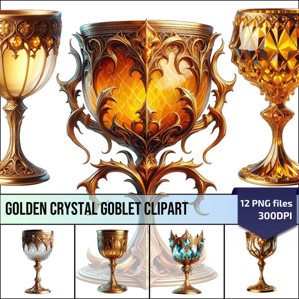 Golden Crystal Fantasy Goblet Clipart, Medieval Wine Glass Design, Wine Glass Clipart, Unique Gift for Fantasy Lovers and Collectors