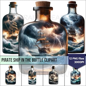 Bateau pirate dans une bouteille Clipart, impression de peinture de navire, impression d’art Stormy Seas, conception pour cadeaux nautiques, cadeau parfait pour les amoureux de la mer