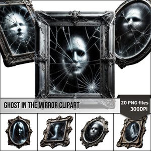 Könnte beinhalten: Ein Satz von 20 digitalen Clipart-Bildern von antiken Spiegeln mit zerbrochenem Glas und gespenstischen Gesichtern. Die Bilder sind 300 DPI und im PNG-Format. Der Text "Ghost in the Mirror Clipart" befindet sich am unteren Rand des Bildes.
