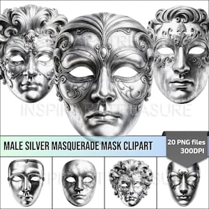 Zilveren Maskerade Masker Clipart PNG Carnaval Maskers voor de mens, Ideaal voor doe-het-zelfprojecten of Carnaval Decoratie Perfect cadeau voor carnavalsliefhebbers