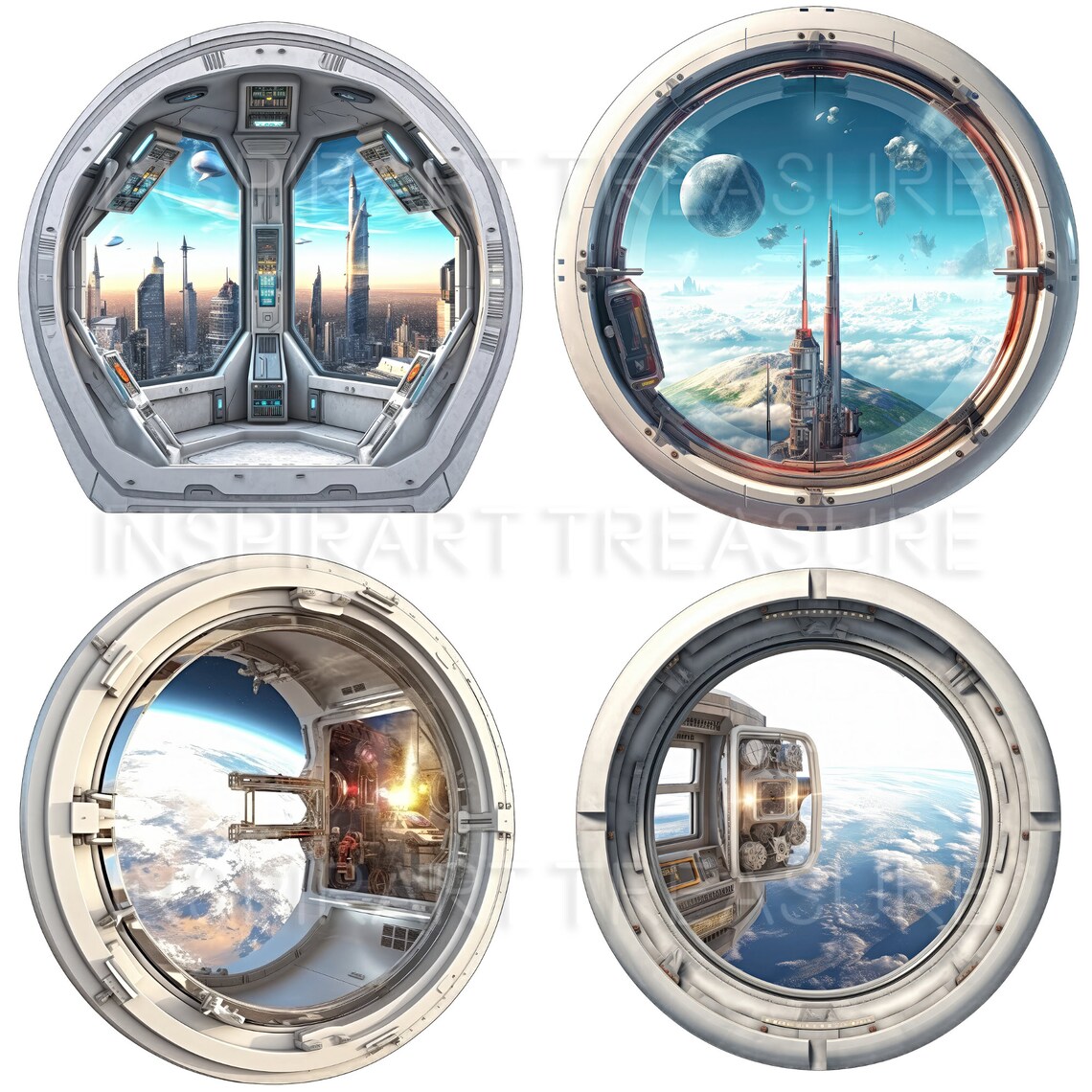 Sci Fi Watercolor Spaceship Window Clipart Digital Scrapbook Paper Kit 