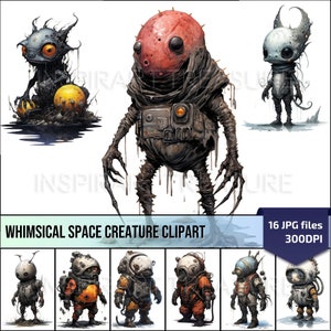 May include: Whimsical Space Creature Clipart: A set of 16 digital illustrations featuring colorful, cartoon-like space creatures with unique designs. The creatures are depicted in various poses and expressions, with some wearing spacesuits and others with glowing eyes.