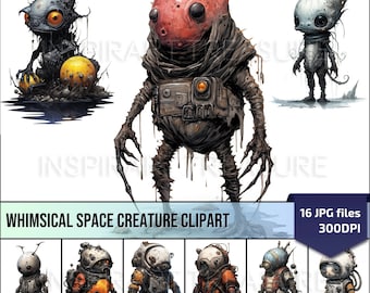 Alien Creature JPG Images, Whimsical Clipart Bundle, DIY Fantasy Projects, Commercial Use, Sci-Fi Gifts