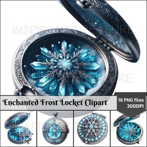 May include: An ornate silver locket with a blue snowflake design inside. The locket is open and the snowflake is surrounded by a white, snowy background. The locket is a digital clipart image.