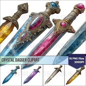 Crystal Daggers Fantasy Clipart, Mystical Medieval Weaponry for DIY Projects, Ideal Gifts for Fantasy Lovers, Commercial use