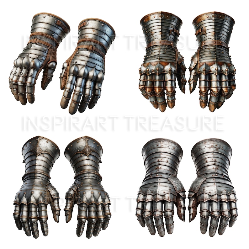 Op de afbeelding: Vier paar zilveren en bruine metalen handschoenen met vingertoppen. De handschoenen zijn ontworpen om de handen en polsen te beschermen.