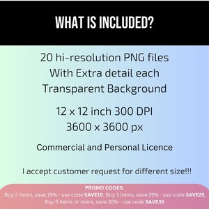 Op de afbeelding: Een afbeelding met de tekst "WHAT IS INCLUDED?" en een lijst met de details van een digitaal product. Het bevat 20 hoge resolutie PNG-bestanden met extra details, een transparante achtergrond, 12 x 12 inch 300 DPI, 3600 x 3600 pixels en een commerci&euml;le en persoonlijke licentie. Het bevat ook een sectie voor promocodes met details over kortingen voor het kopen van meerdere items.
