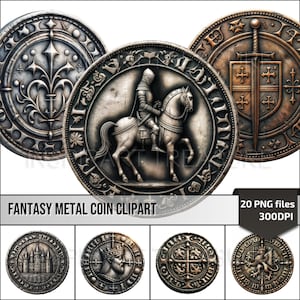 Imágenes prediseñadas de monedas de metal de fantasía, moneda de metal DND PNG arte de moneda de fantasía, ideal para el diseño de juegos de cartas de fantasía, regalos de coleccionistas de monedas antiguas