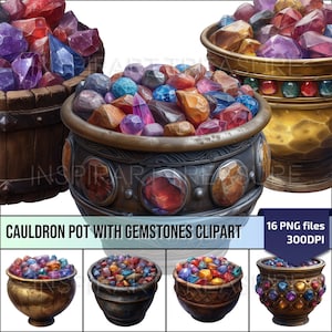 Könnte beinhalten: Ein Satz von 16 digitalen Clipart-Bildern von Kesseln, die mit bunten Edelsteinen gefüllt sind. Die Kessel sind aus Metall und haben verschiedene Designs. Die Edelsteine sind eine Mischung aus Rot, Blau, Grün, Lila und Gelb.